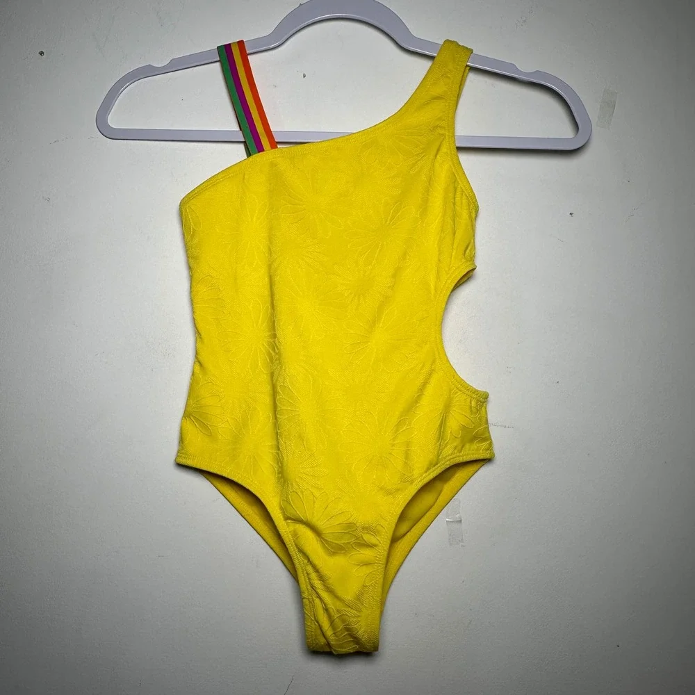Wonder Nation Girls Yellow‎ Daisy Floral One Shoulder Cutout Swimsuit Size M 8